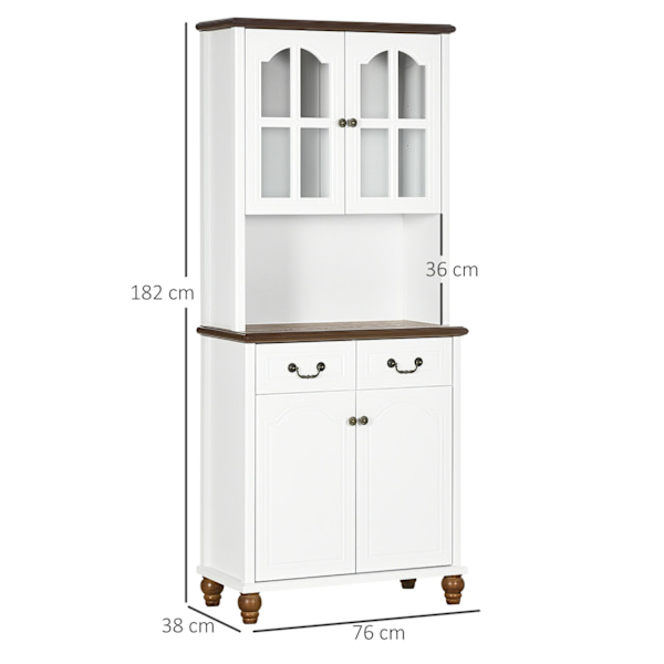 Keittiön Kaappi, Keittiön Buffet 2 Laatikolla, Korkea Kaappi Avolokerolla, Vitriinikaappi Pehmeällä Sulkemistoiminnolla 76 X 38 X 182 Cm, Valkoinen