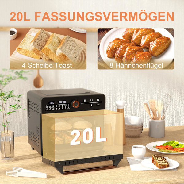 3 i 1 miniovn med cirkulationsluft, stegekurv, timer, 40 °C-220 °C, 20L miniovn med grillrist, bageplade, krummebakke