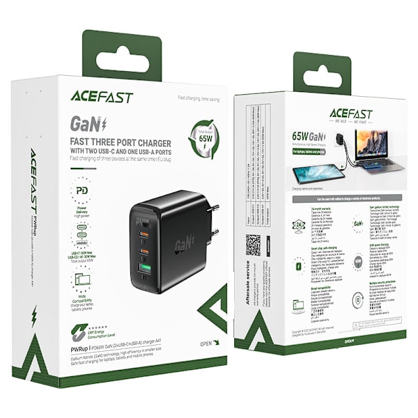 Snabb GaN laddare 2x USB-C USB-A PPS PD QC4+ 65W svart