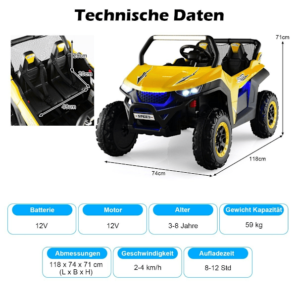 2-paikkainen 12V lastenauto musiikilla ja ajovaloilla 118 x 74 x 71 cm-keltainen