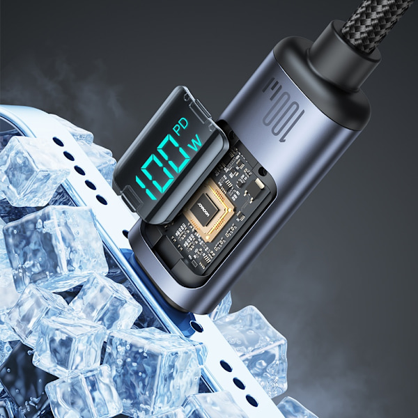 USB-C kabel med LED display 100W 1,2m sort