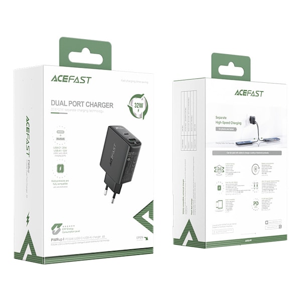 USB-C USB 32W vægoplader PPS PD QC 3.0 AFC FCP sort