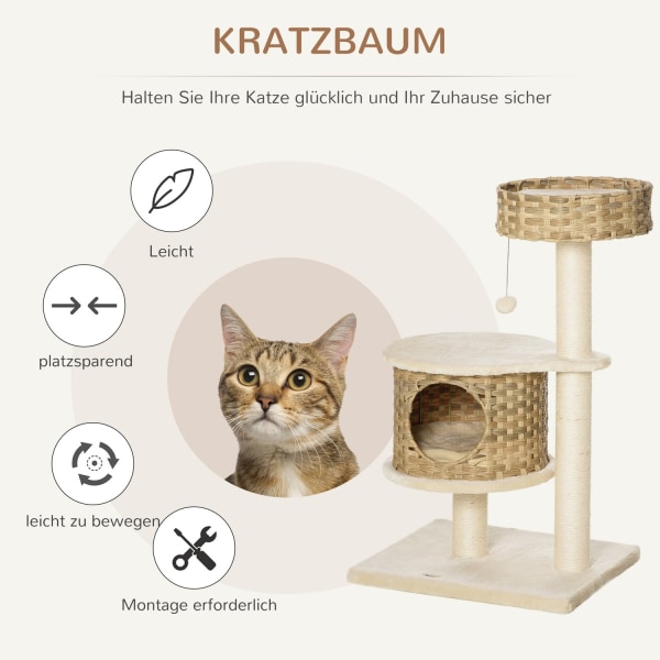 Kradsestolpe Rattan Kattetræ, Klatretræ Med Cat Cave & Sisal Posts, Legebolde, 95Cm, Natural Sisal+Beige