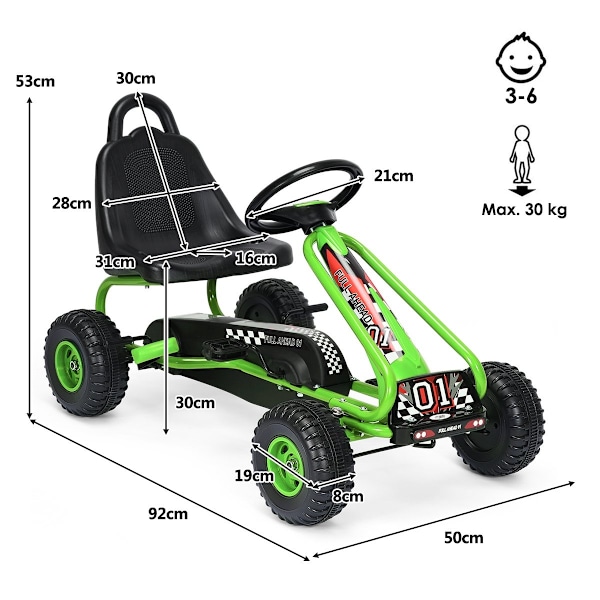 Poljin Go Kart säädettävällä istuimella 4 pyörää polkimella varustettu ajoauto 92 x 50 x 53 cm vihreä + musta