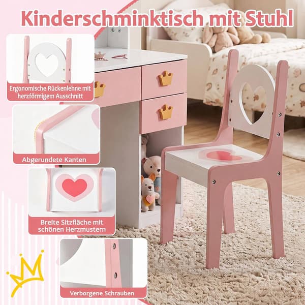 Barnmöbelset med kronspegel och stol – Vitt och rosa