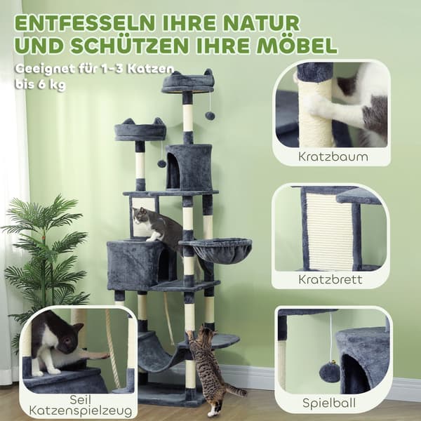 Kattetræ 206 cm kattetårn med hule, 2 legebolde, sisalstolper, platform til store katte, mørkegrå