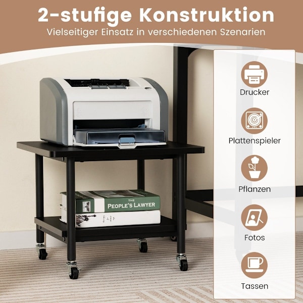 Printerbord med 2 niveauer og låsbare hjul, printerstander, printervogn, sort