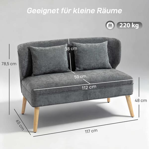 2-istuttava chenille-sohva, siipiselkänoja, kumipuujalat, harmaa