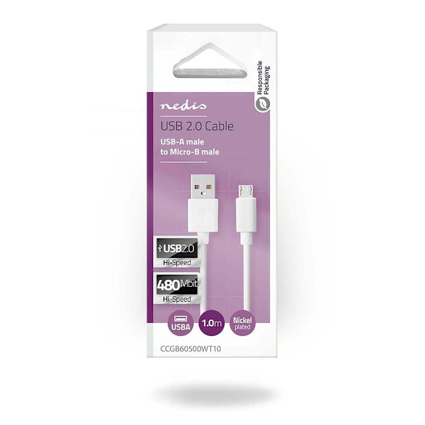 USB-kabel | USB 2.0 | USB-A Hane | USB Micro-B Hane | 480 Mbps | Nickelplaterad | 1.00 m | Rund | PVC | Vit | Låda