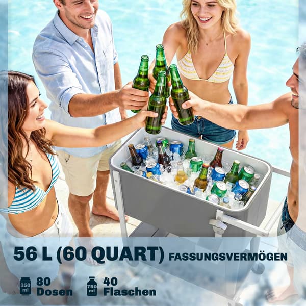 Ulkokäyttöön tarkoitettu kylmäkärry pyörillä, tilavuus 56 litraa, harmaa