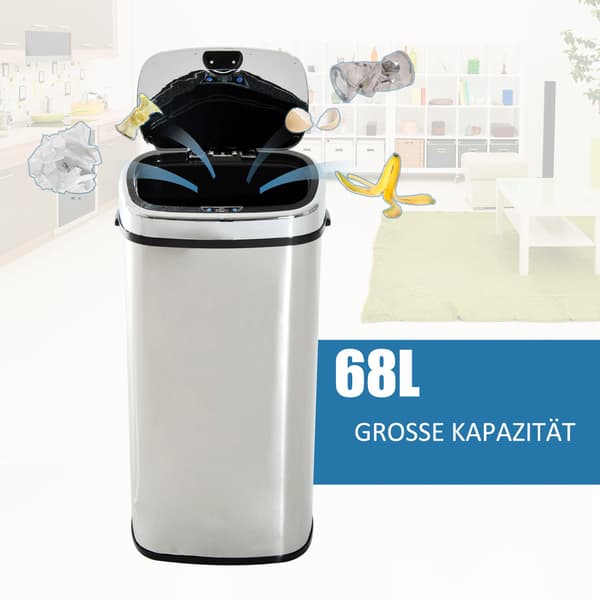 Automatisk Affaldsbeholder Med Sensor, Køkken, Rustfrit Stål, Sølv, 68L