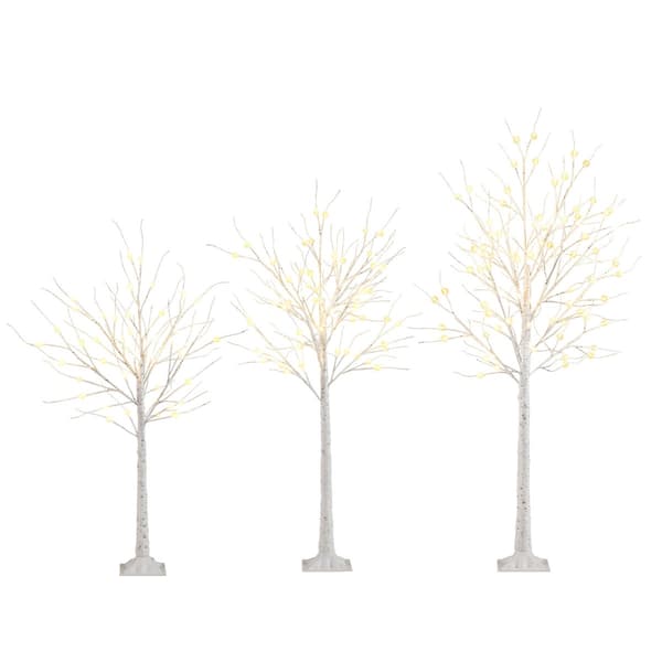Förbelyst björkträdsset, 3-pack 120–180 cm, varma LED-lampor
