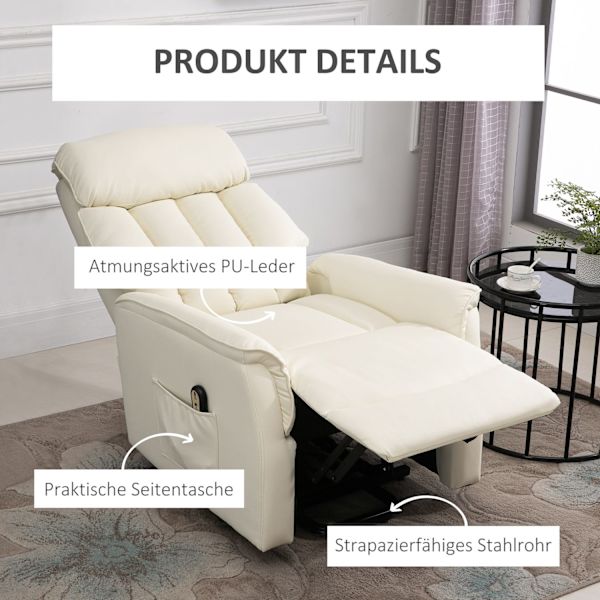 Ståstol, tv-stol, lænestol med ståhjælp, elektrisk lænefunktion, kunstlæder, beige, 80 x 94 x 104 cm