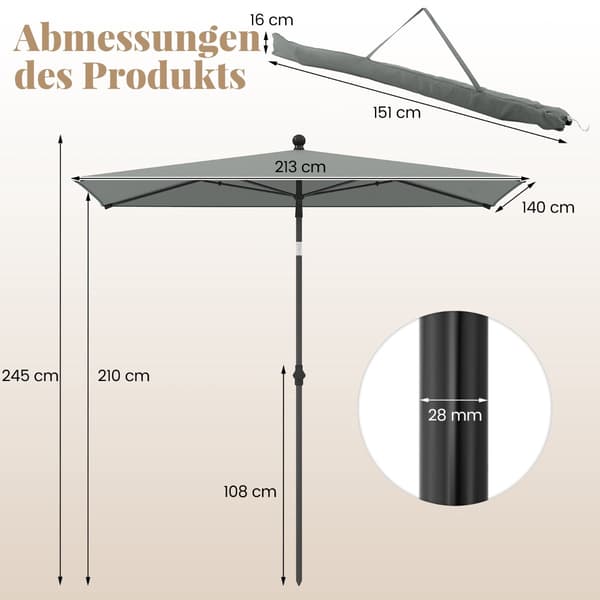 Rektangulær balkonparasol, 210x140 cm, grå, justerbar
