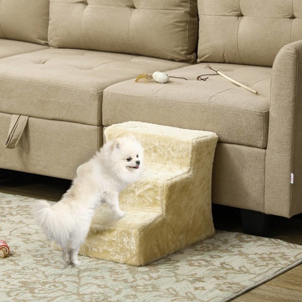 Hundtrappa 3-stegs 35 cm husdjurstrappa med plyschlook Katttrappor för bäddsoffa Katter upp till 4,5 kg Beige