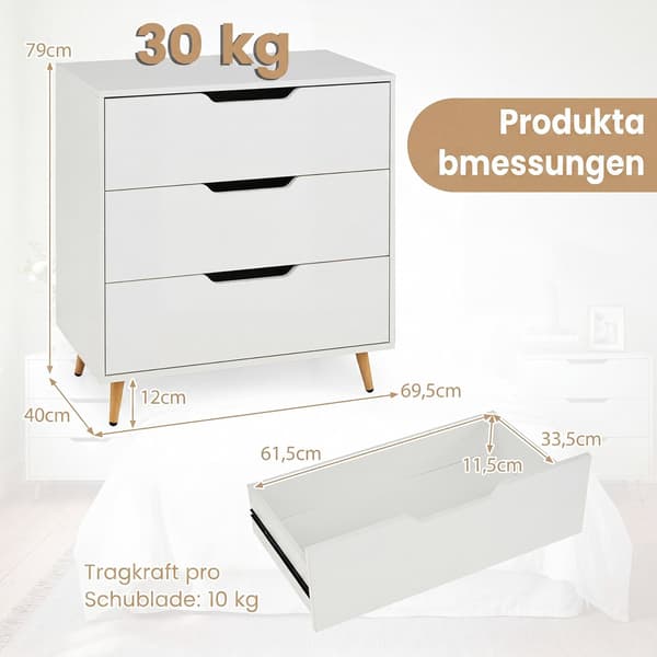Moderne hvid kommode med 3 skuffer og metalben