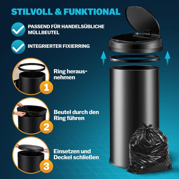 Sensor-affaldsbeholder, sort rustfrit stål, 50L
