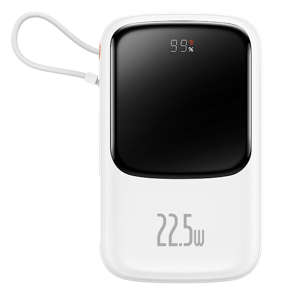 Qpow Powerbank 10000mAh sisäänrakennettu USB Type C -kaapeli 22,5W Quick Charge valkoinen