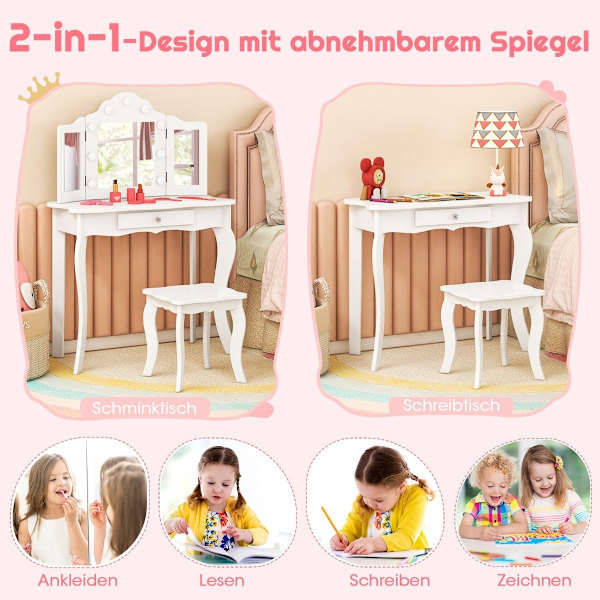 2 i 1 sminkbord för barn med LED-lampor & hopfällbar spegel & lådor vita