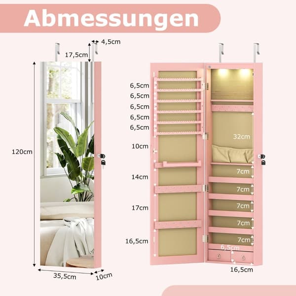 Smyckesskåp med spegel, LED-belysning, låsbart, rosa