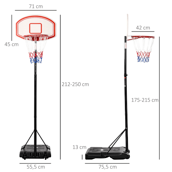 Udendørs basketballkurv justerbar bærbar højdejusterbar kurv 212-250 cm base med hjul metalstolper sort hvid |