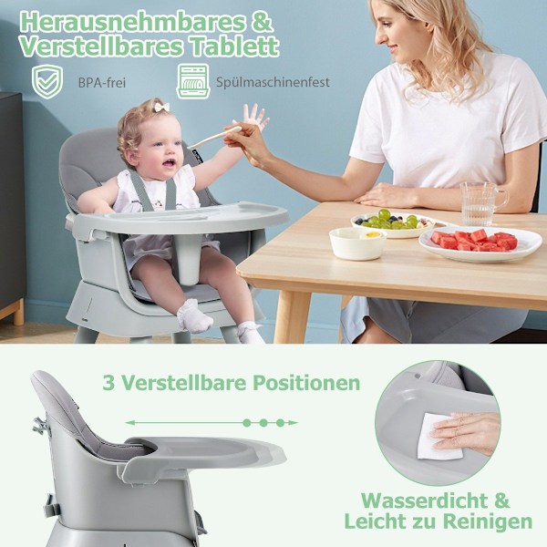 6-i-1 barnestol højstol & spisestuestol & lærebord & byggeklodsbord & børnesædegruppe grå