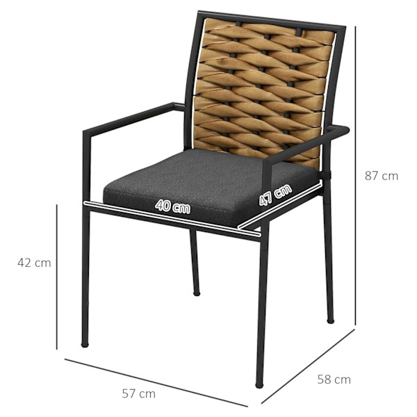 Sæt Med 2 Rattan Havestole Sæt Med Hynder, Stabelbare Havestole, Altanstole Til Terrasse, Stål, 57 X 58 X 87 Cm, Sort