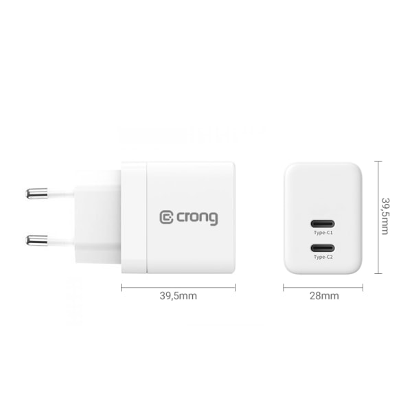 Crong Ultra Compact GaN - Vægoplader 2x USB-C strømforsyning 35W