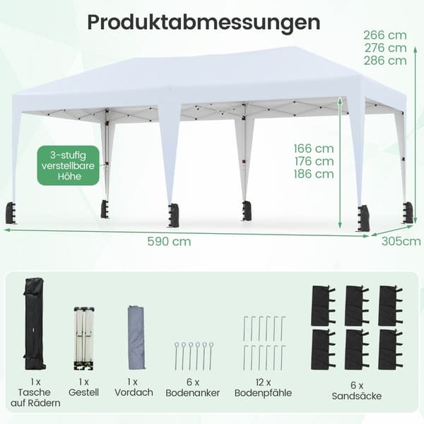 3 x 6 m uppfällbart tält med UV-skydd, vitt