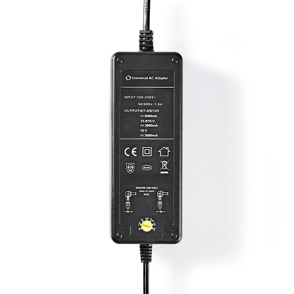 Universal nätadapter | 60 W | 6 - 16 V DC | 1.10 m | 5.0 - 5.2 A | 8 plug(s) | Svart