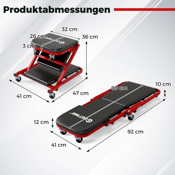 2-i-1 værkstedssæde med krybefunktion, 150 kg kapacitet, sort