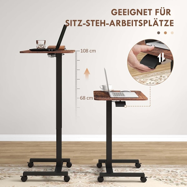 Höjdjusterbart laptopbord, med 4 hjul, 2 bromsar, 65 cm x 48 cm x 108 cm, med vev, broms, spånskiva, rustikbrun
