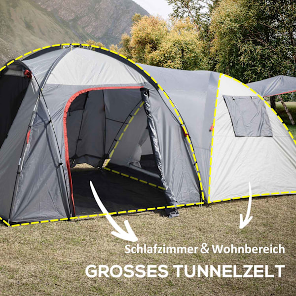 Campingtelt 5-Personers Tunneltelt Med Soveværelse, Bæretaske, 2000 Mm Vandsøjle, Netvindue, Grå
