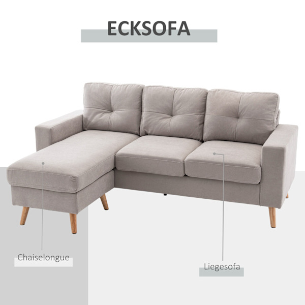 Hjørnesofa L-formet hjørnesofa, hjørnesæt, sofasæt med chaiselong til 3 personer, stofsofa til stue, lysegrå