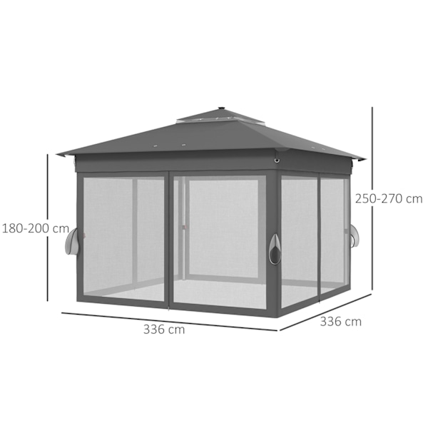 Outsolny Vikpaviljong Ca 3 X 3 M, Paviljong Med Led, 4 Nätgardiner, Sidovägg, Trädgårdspaviljong Med Vattenpåse, Dubbeltak, Bärväska, Mörkgrå.
