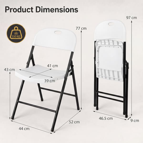 Sæt med 4 foldbare hvide plastikstole med ergonomisk ryglæn