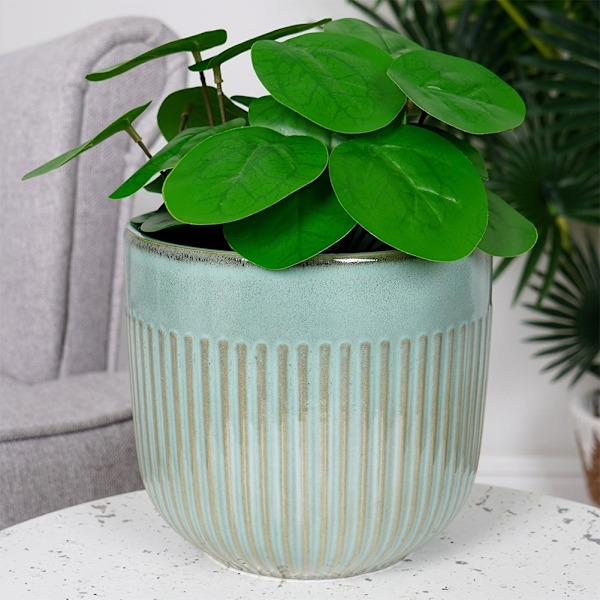 Grønglaseret potte med riller i porcelæn til planter