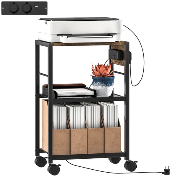 Printerstativ med hjul, stikkontakter, USB og USB-C, 40 kg kapacitet