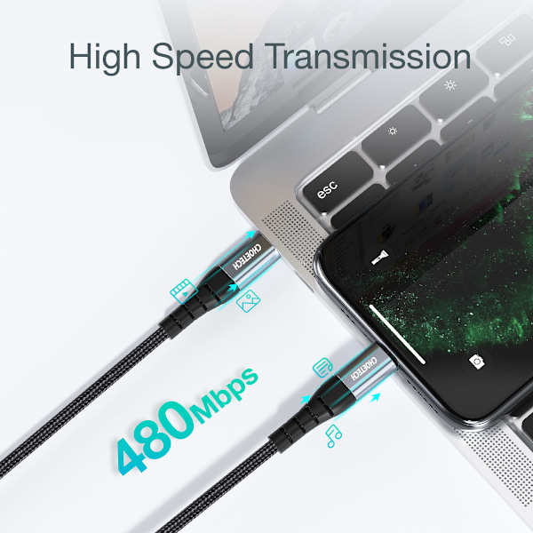 Kabel til iPhone MFi USB-C - Lightning 480Mb/s 3A 2m sort