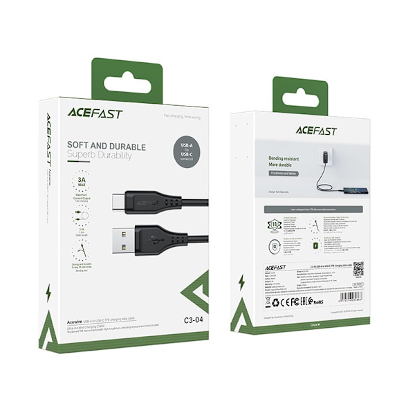 Telefonkabel USB - USB-C 3A 1,2m svart
