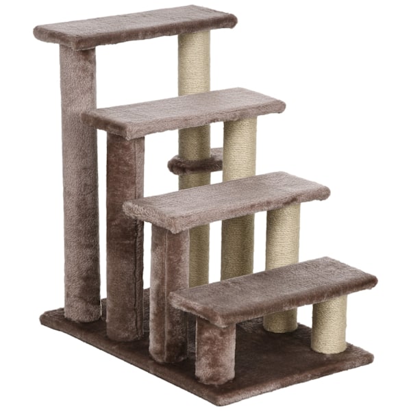 4-stegs katttrappa med skrapstolpe, upp till 5 kg, husdjurstrappa med lekboll, hundtrappa, djurtrappa, plysch, brun, 60 x 40 x 64 cm