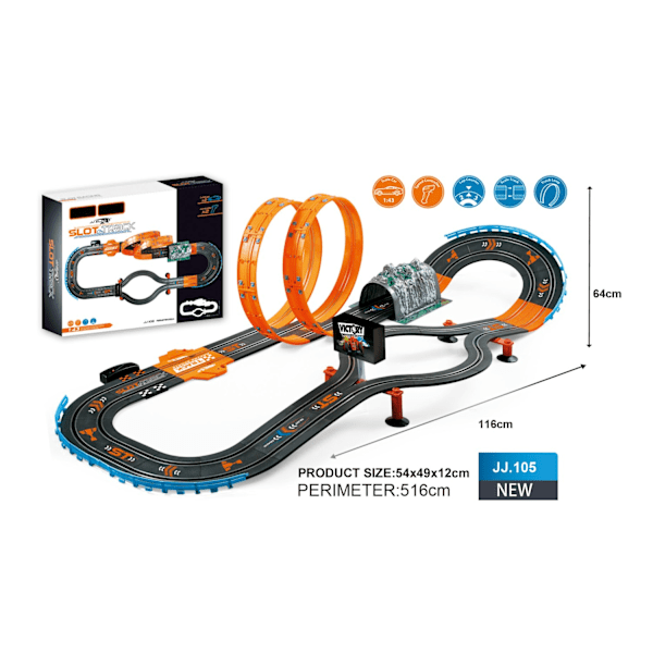 Fjärrstyrd 1:43 racerbana med loopar och svängar