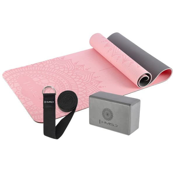 Yogasæt – TPE måtte, pink; Grå Blok; Rem