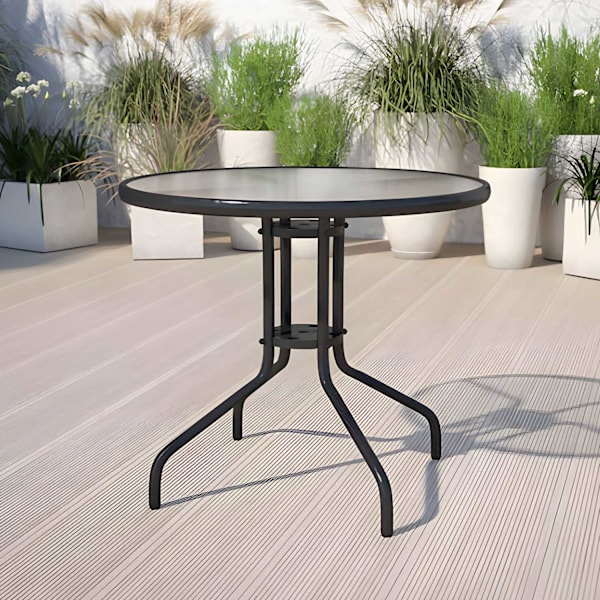 Rundt havebord 80 cm, til terrasse, have, balkon, hærdet glas, paraplyhul, MultiGarden