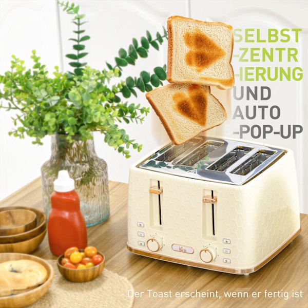 Vattenkokare med brödrost 1,7L vattenkokare 4 skivor toast frukostset med 7 bryningsnivåer, automatisk avstängning, avfrostnings- och återuppvärmnings