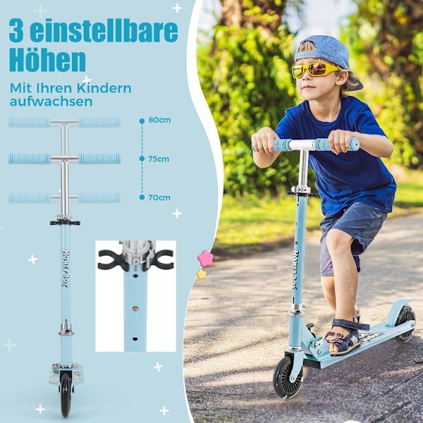 Børnescooter med LED hjul og foldbart styr, højdejusterbar, børnescooter, lyseblå