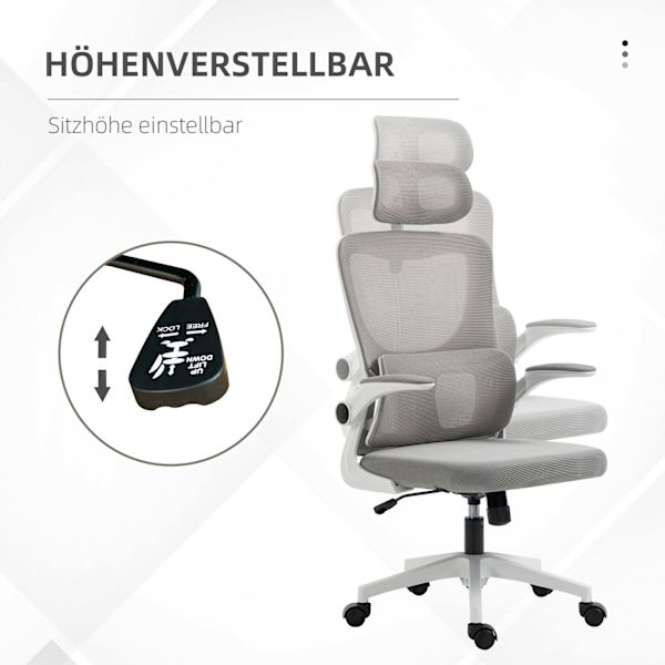 Kontorstol Ergonomisk Højdejusterbar Skrivebordsstol Justerbar Armlæn Pude Vippefunktion Lændestøtte Mesh Grå
