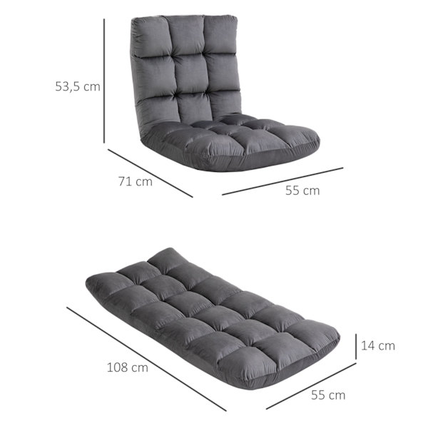 Gulvstol 3-i-1 sammenklappelig gulv stol ryglæn 13 positioner sædehynde grå metalskum 55x71x53,5cm