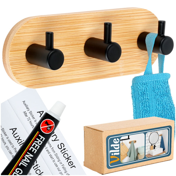 Koukkuripustin itsekiinnittyvä puinen metalli musta kolminkertainen 14x3,5x5 cm