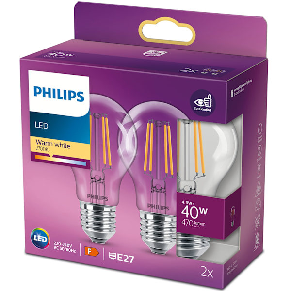 2-pack LED E27 Normal 4,3W (40W) Klar 470lm